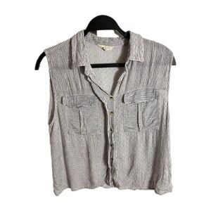 Sim & Sam Women’s SZ L Button Down Sleeveless Blouse/Shirt w/ Dark Grey Stripes